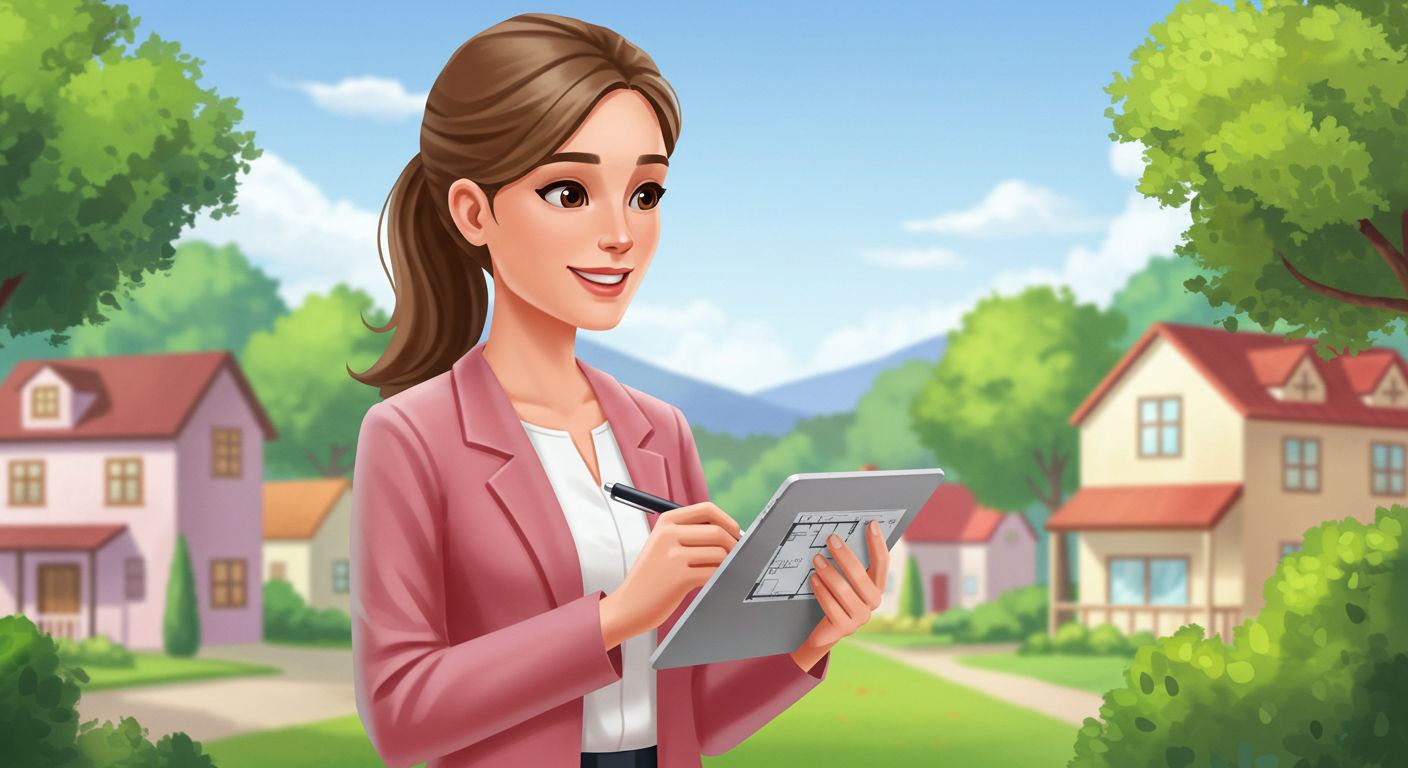 A property appraiser with a floor plan schematic and a note book taking notes at a property as she conducts an appraisal
