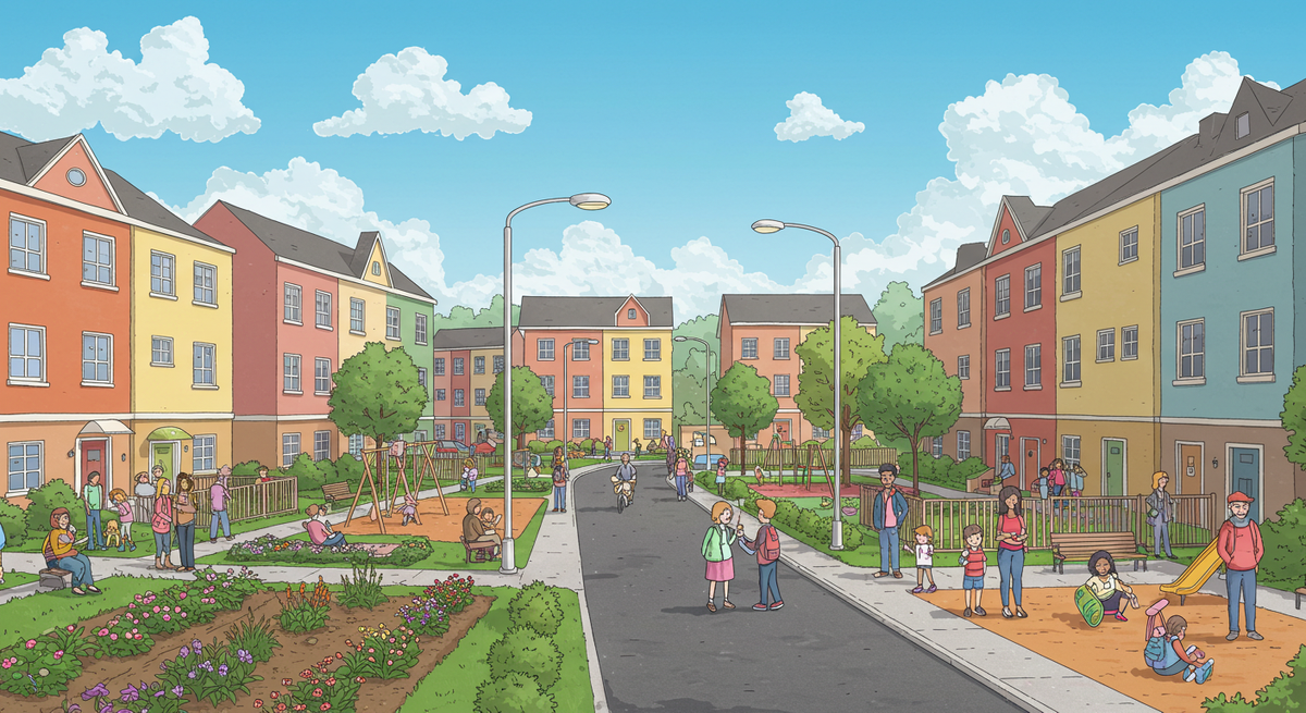 A street of townhomes with gardens and playgrounds with people outside representing an affordable housing community