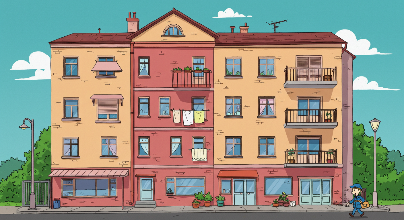 A mail man walking by an apartment home rental building