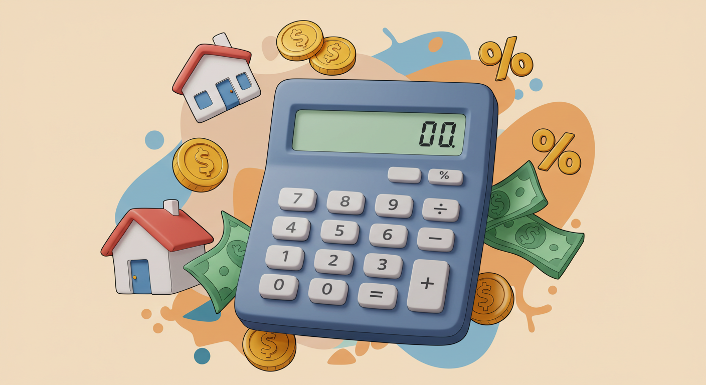 Cap Rate Calculator Art with a calculator surrounded by money, coins and tiny house images