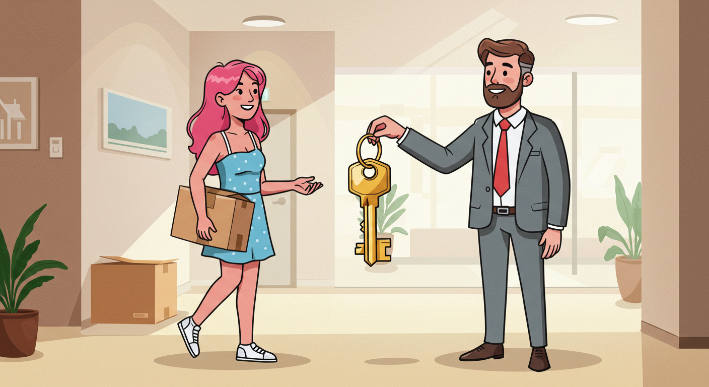 A female tenant handing a property manager in a suit the keys to the rental in exchange for cash
