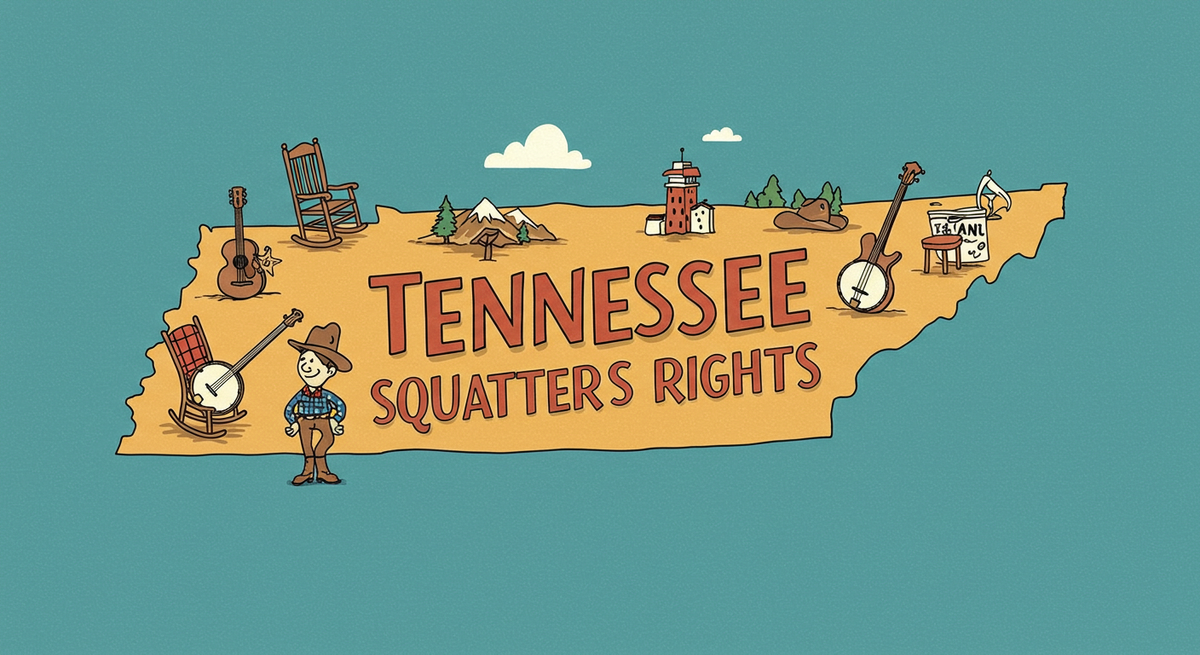 Tennessee Squatters Rights text overlayed on the state of Tennessee outline and Tennessee art including a banjo, guitar, and mountains
