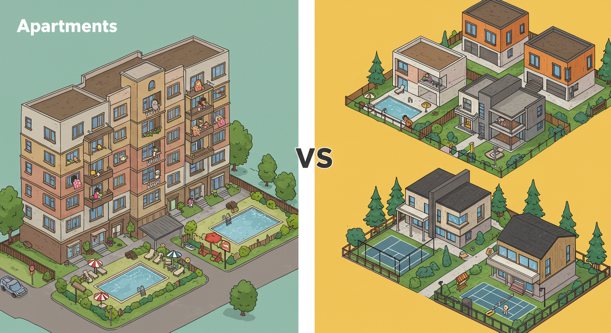 Apartment building with swimming pools and public amenities on one side vs individual condo buildings with private amenities on the other