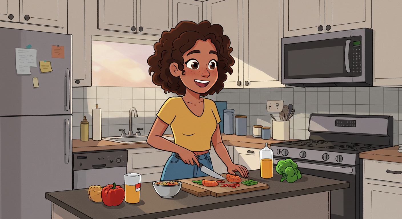 Cartoon-style woman, the current tenant, cutting vegetables on an island in the kitchen of her rental property