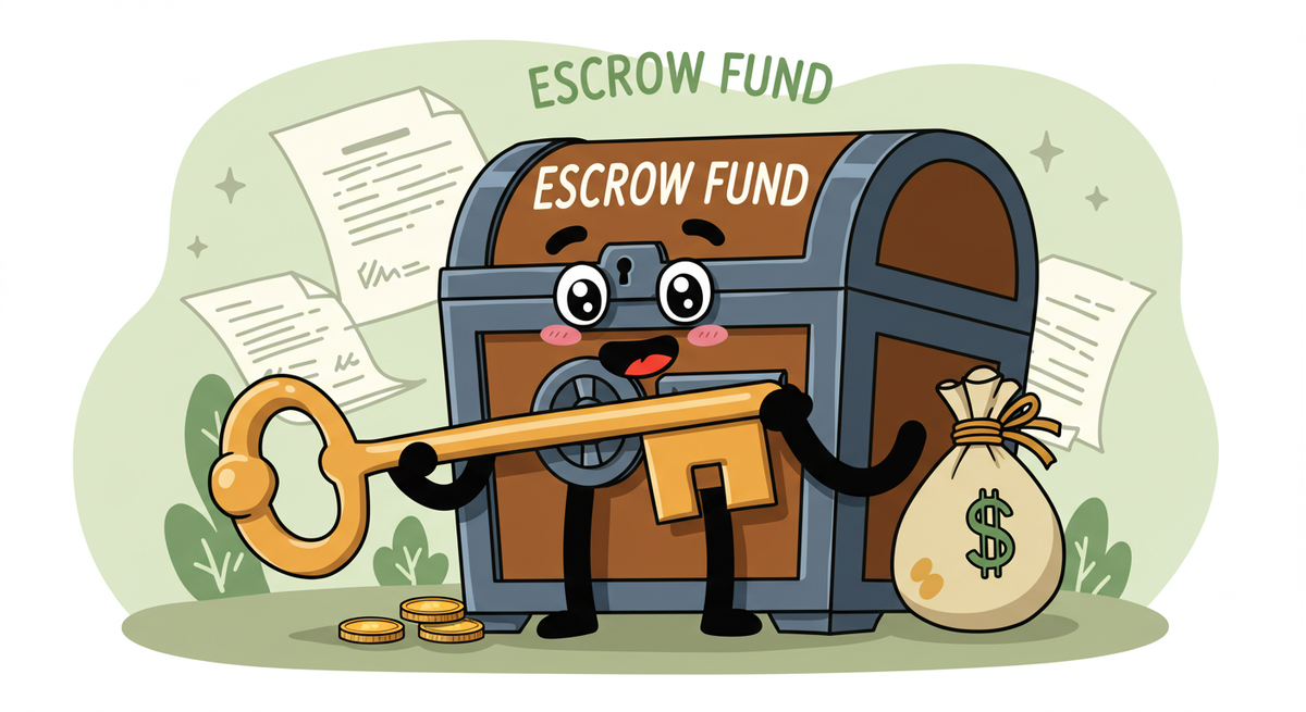 An animated, cartoon-style money chest with a face and hands holding bags of money and a key representing an escrow fund