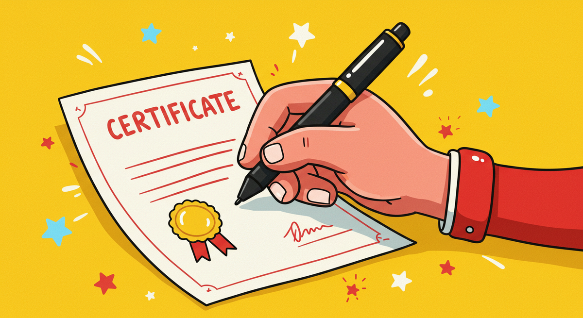 A hand holding a black pen signing a certificate representing an estoppel certificate