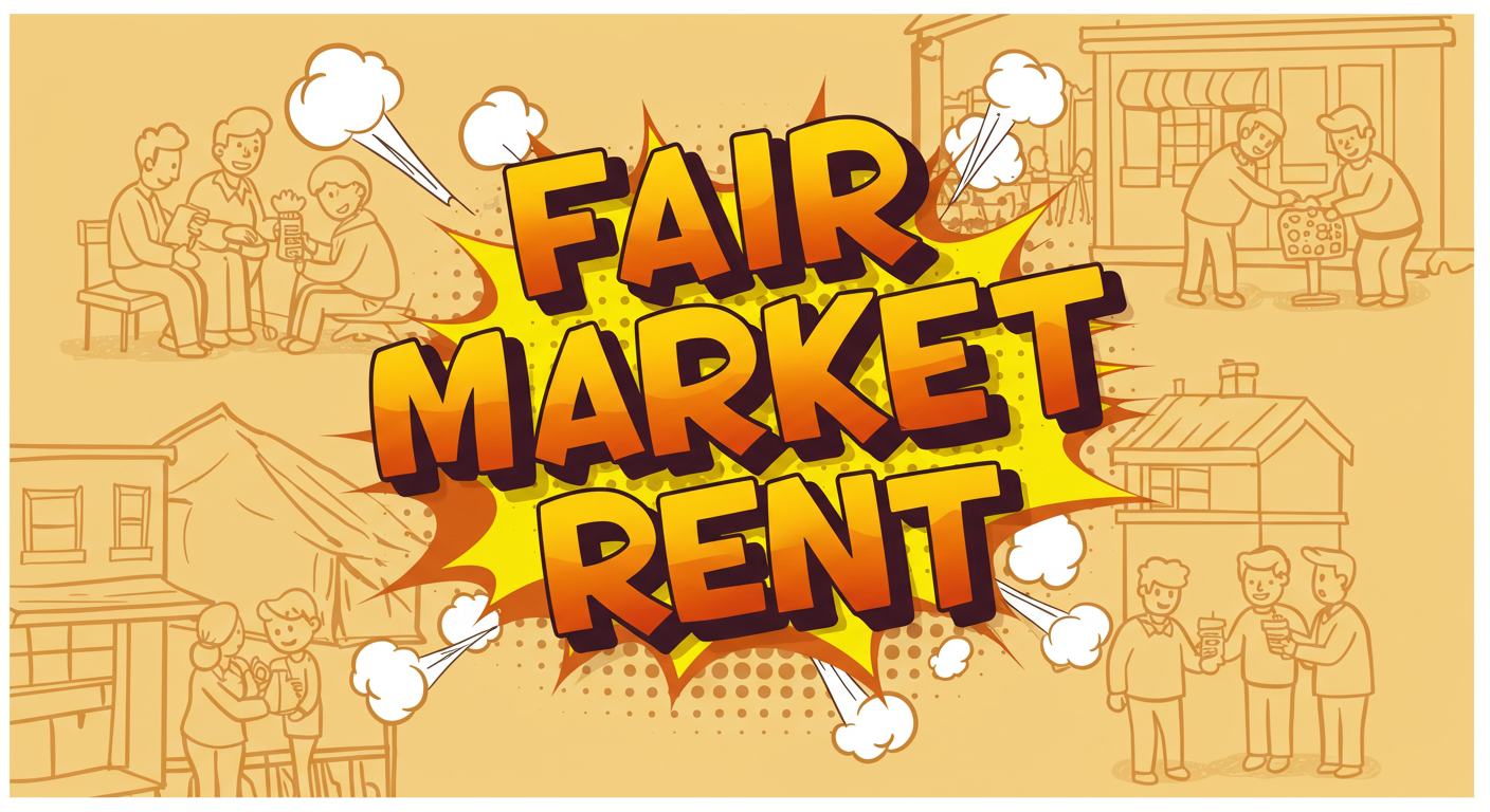 Fair Market Rent in cartoon-style explosion illustration with vector-style images of people in the backdrop