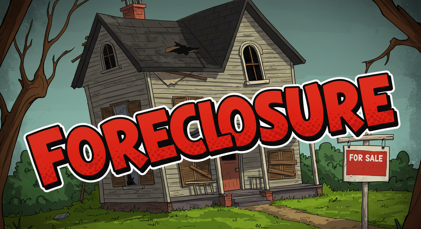 The word Foreclosure in cartoon-style text over a dilapidated house with a for sale sign out front