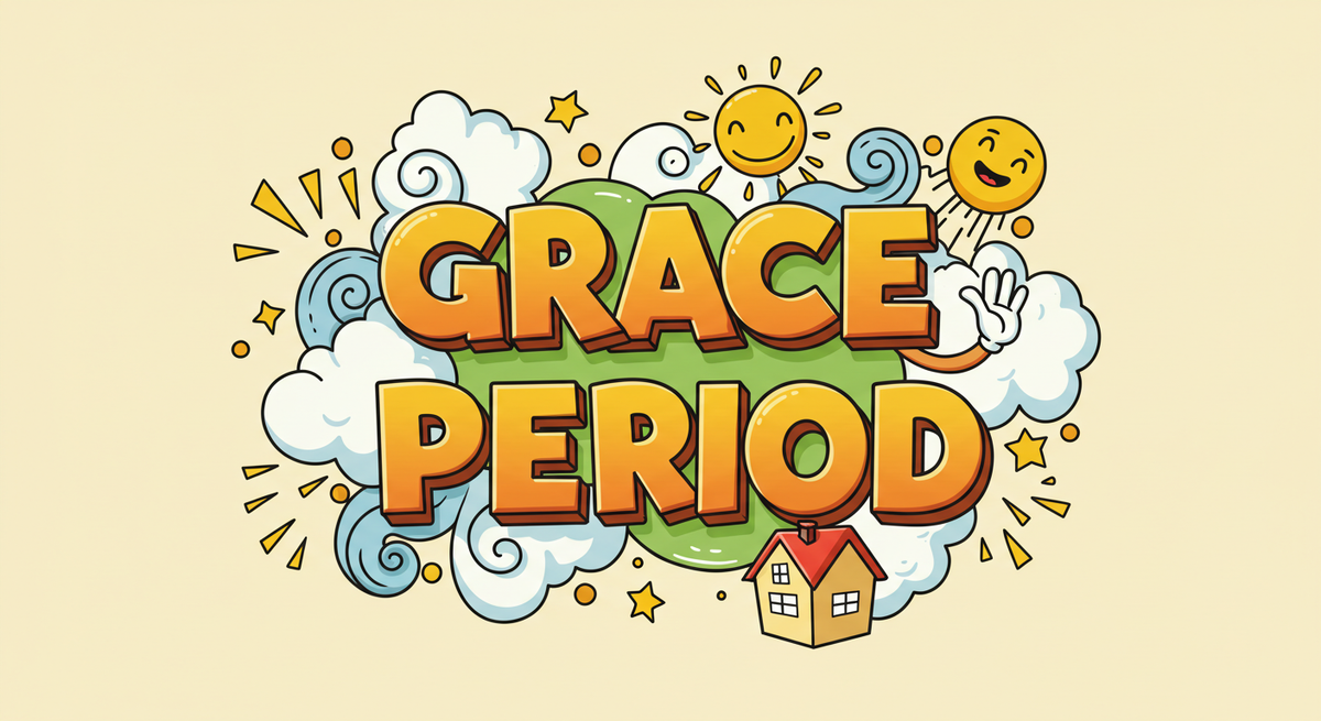 Grace Period cartoon-style words over a cloud, sunshine and a house icon