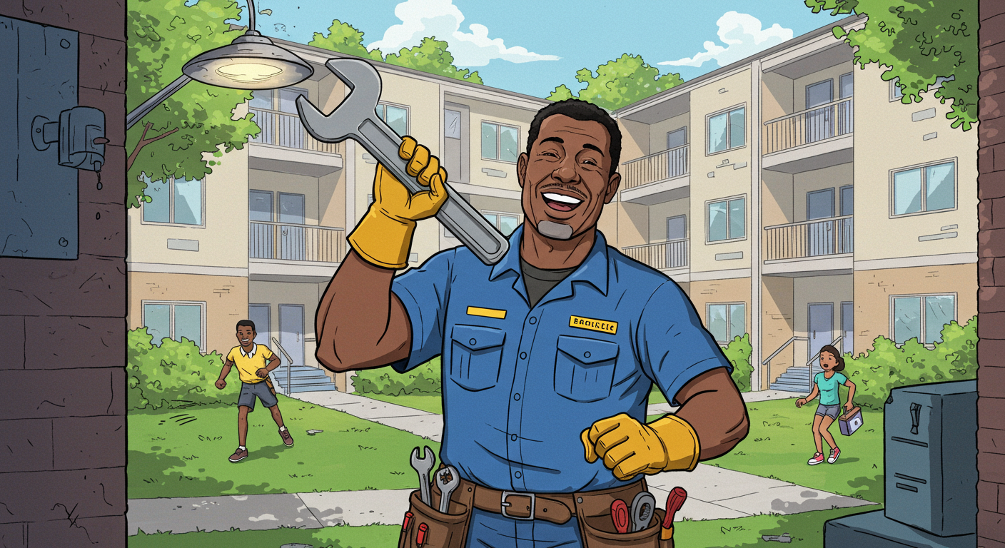 A maintenance man with a large wrench walking through a common area at an apartment community