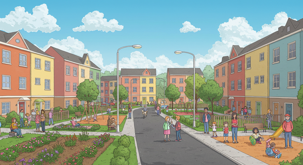 A street of townhomes with gardens and playgrounds with people outside representing an affordable housing community