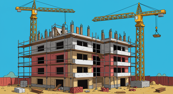 an apartment building under construction with cranes hoisting materials to the 5th floor