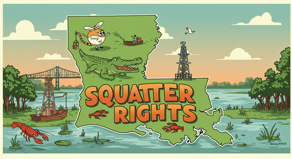 Louisiana Squatters Rights text on outline of the state of Louisiana
