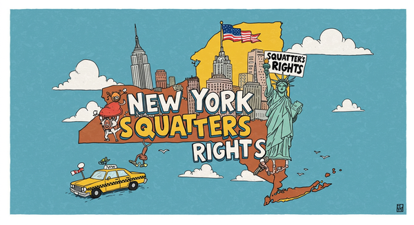 New York Squatters Rights text on outline of the state of New York