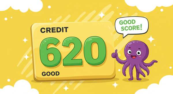 A credit score card of 620 and an octopus holding up a thumbs up saying Good Score!