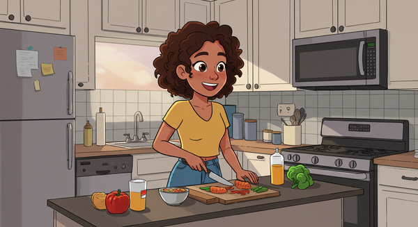 Cartoon-style woman, the current tenant, cutting vegetables on an island in the kitchen of her rental property