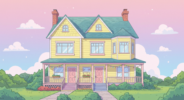 A yellow duplex with green roof and pink doors out in the country