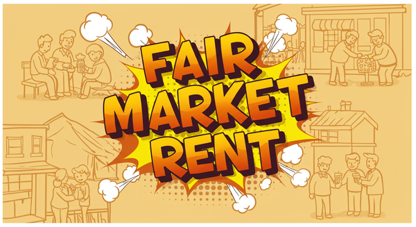 Fair Market Rent in cartoon-style explosion illustration with vector-style images of people in the backdrop