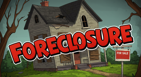 The word Foreclosure in cartoon-style text over a dilapidated house with a for sale sign out front 