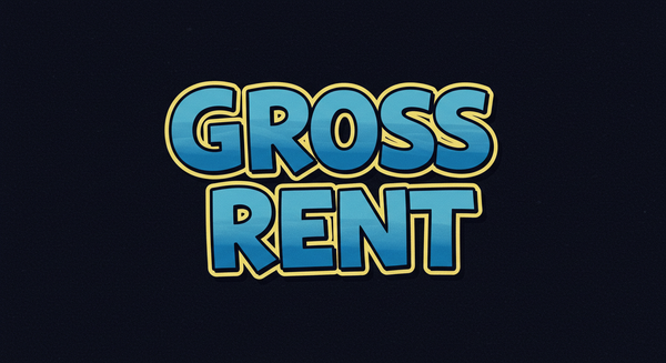 Blue and yellow cartoon-style text spelling out Gross Rent on a black background