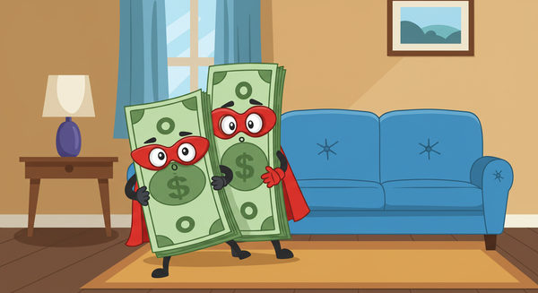 Two stacks of dollar bills with masks on trying to hide in a living room
