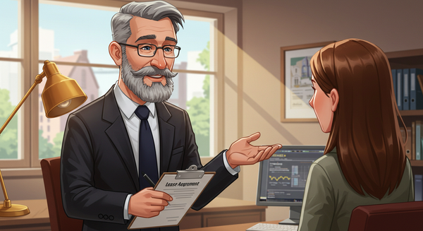 A landlord talking with a prospective tenant reviewing their lease agreement she needs to sign